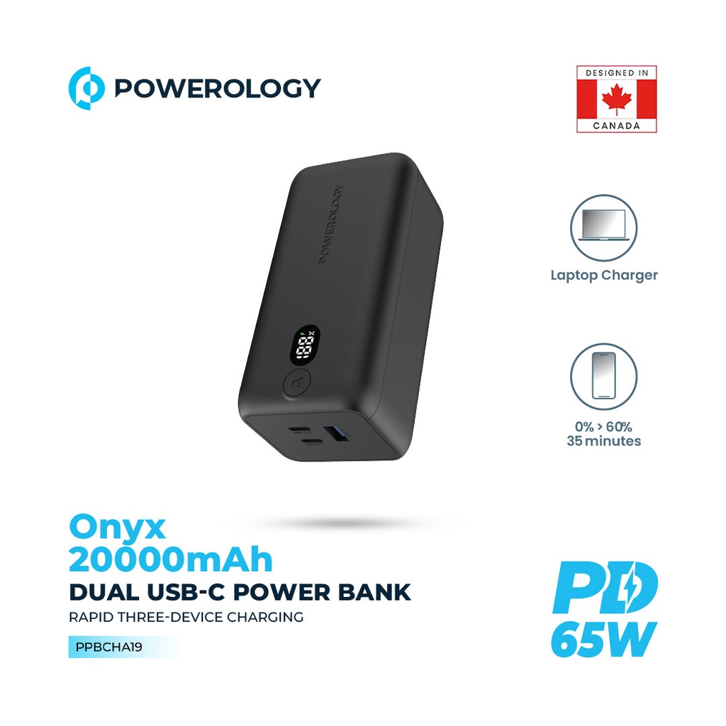 Powerology Onyx 20000mAh Dual USB-C Power Bank PD 65W #PPBCHA19