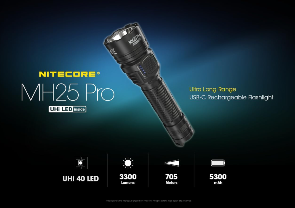 Nitecore MH25 Pro USB-C Rechargeable Ultra Long Range LED Flashlight - 3300 Lumens