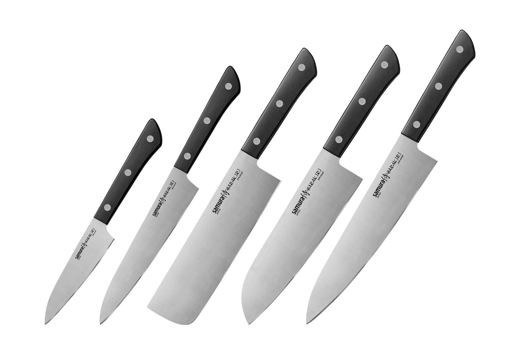 Samura HARAKIRI Set of 5 kitchen knives WITH BLACK HANDLES: Paring, Utility, Nakiri, Santoku, Chef's knife #SHR-0250B